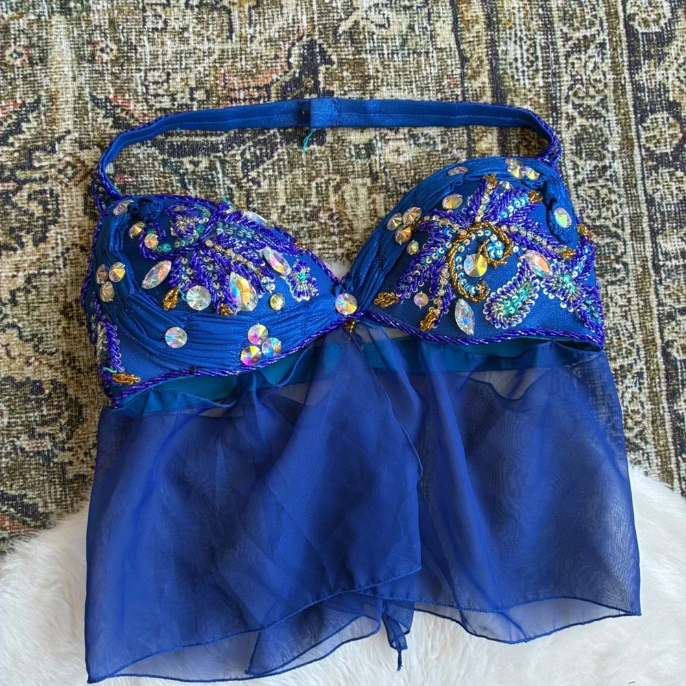 Hand Beaded Bedlah Blue Belly Dancing Costume Set Bra Top and Harem Pants